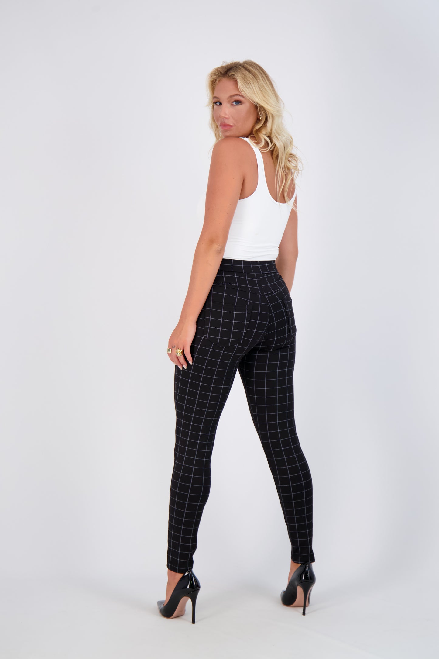 High-Waist Slim-Fit Windowpane Check Pants