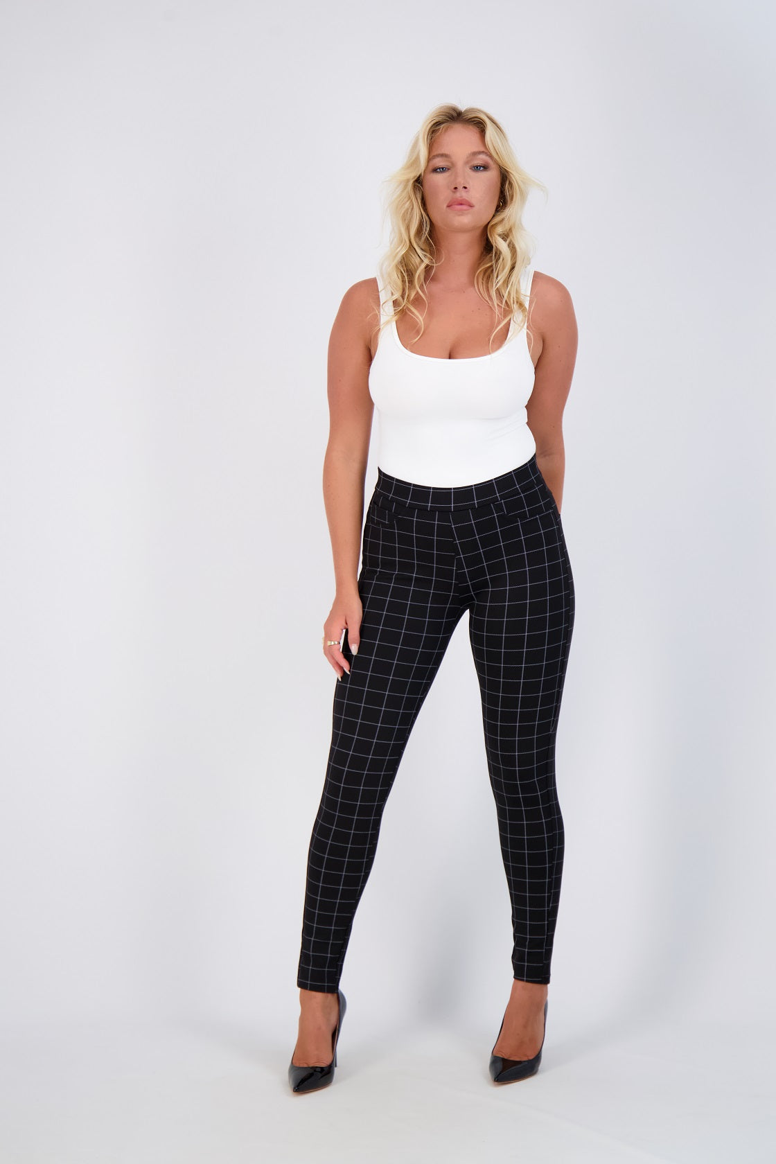 Womens Heavyweight Career Pants With Pinstriped Grid Print