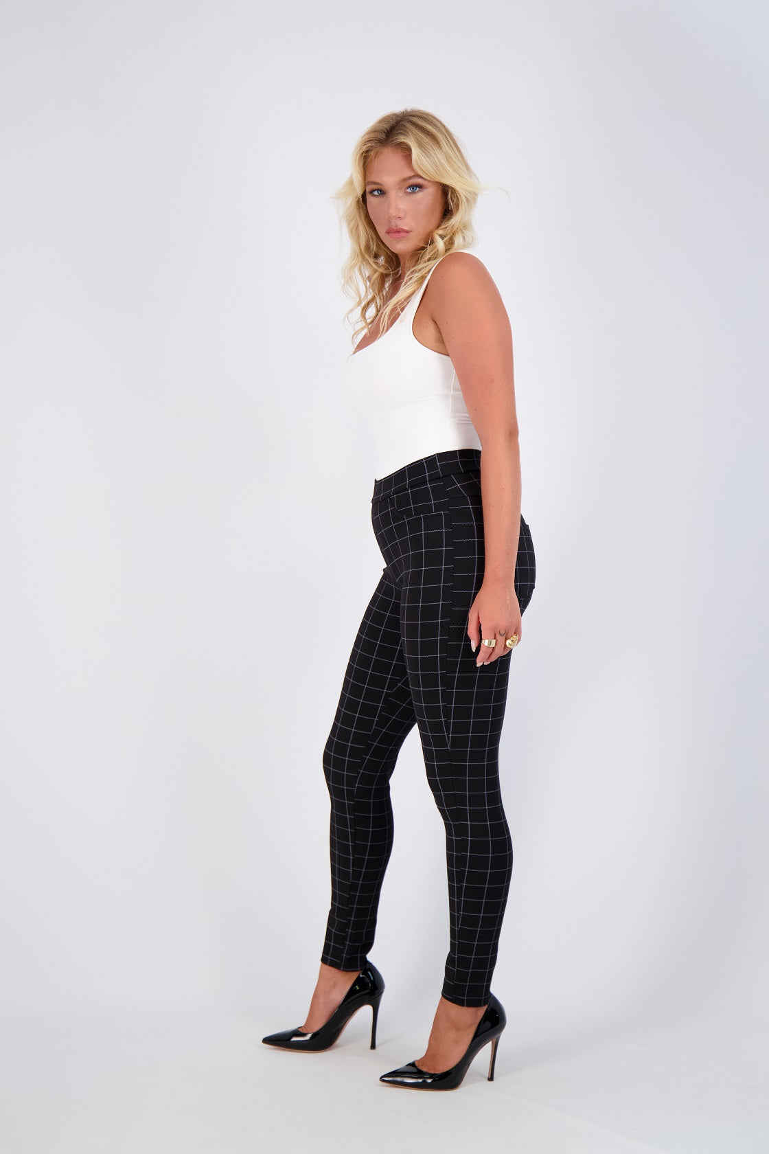 Womens Heavyweight Career Pants With Pinstriped Grid Print