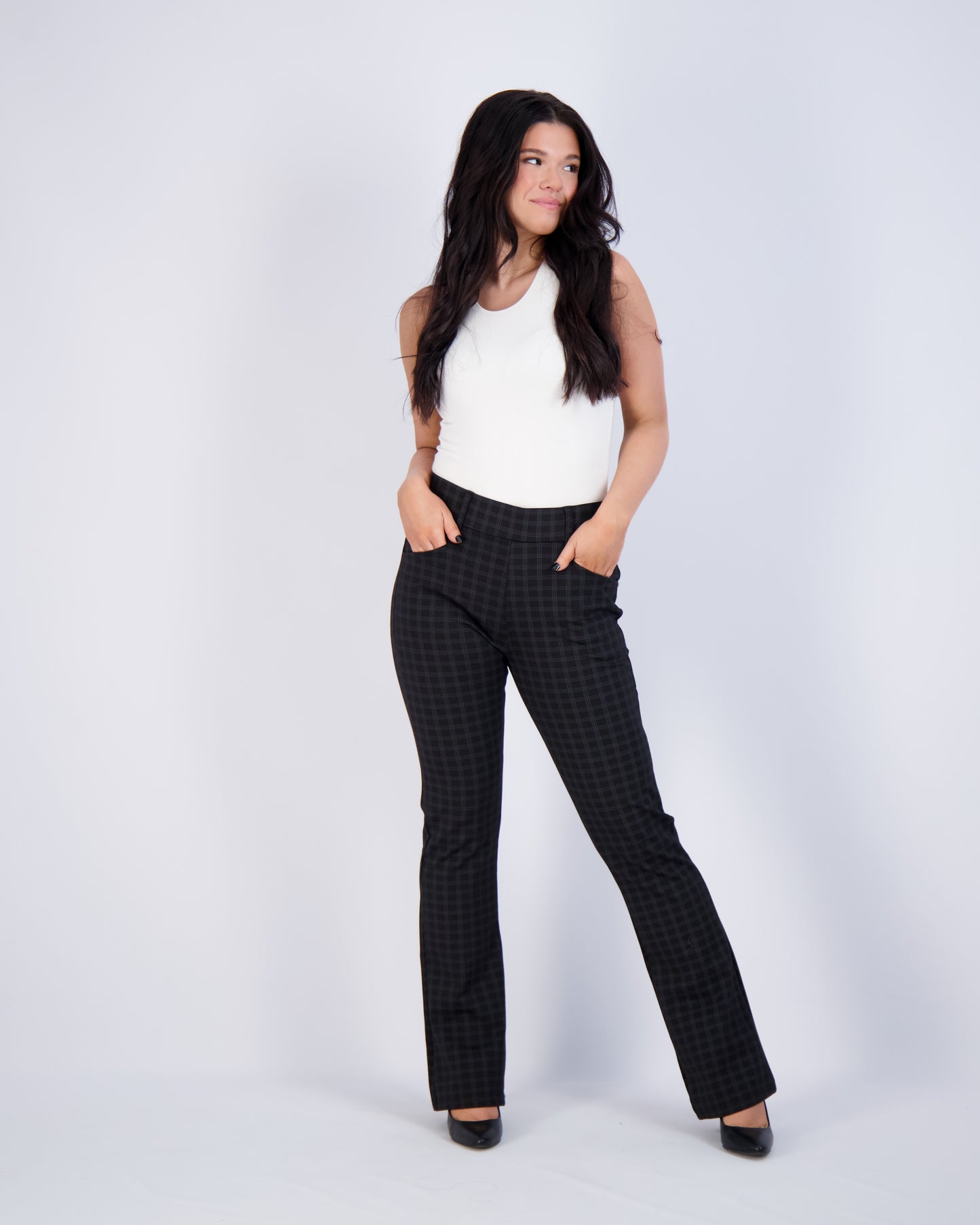 Black Checkered High-Waist Flared Pants