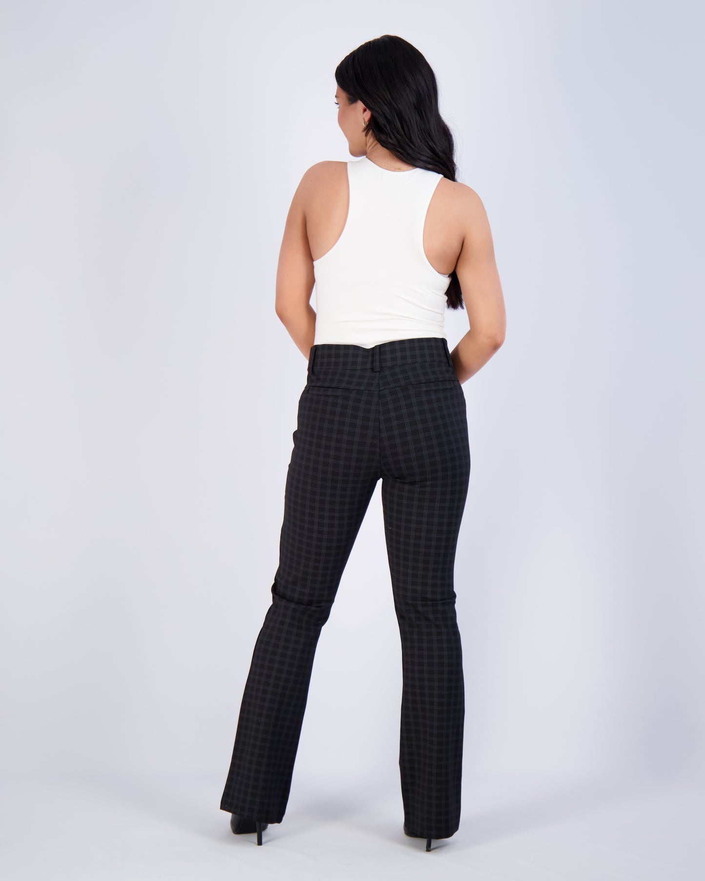 Black Checkered High-Waist Flared Pants