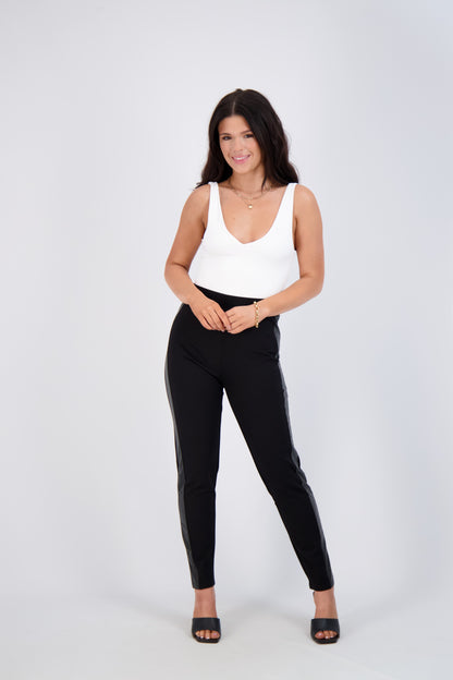 High-Waist Faux Leather Side Stripe Slim-Fit Pants