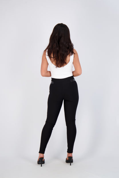 High-Waist Slim-Fit Pants with Faux Leather Trim