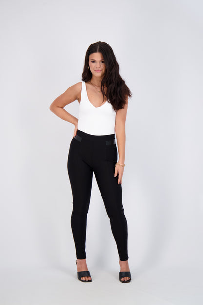 High-Waist Slim-Fit Pants with Faux Leather Trim