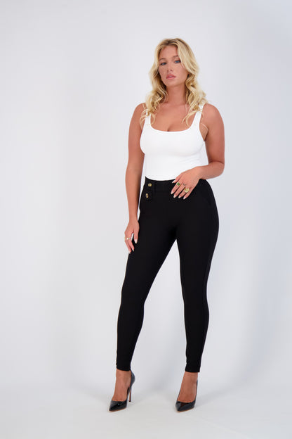 High-Waist Slim-Fit Pants with Button Detail