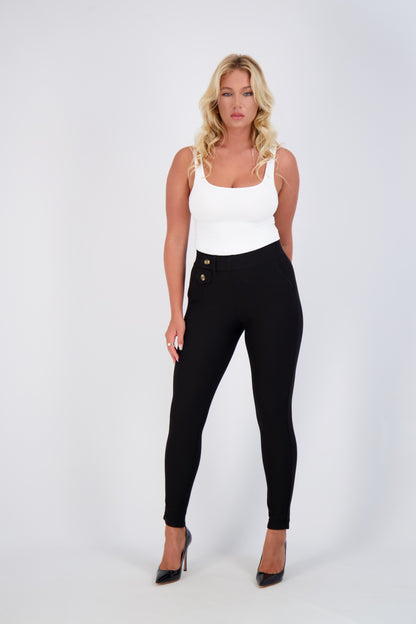 High-Waist Slim-Fit Pants with Button Detail