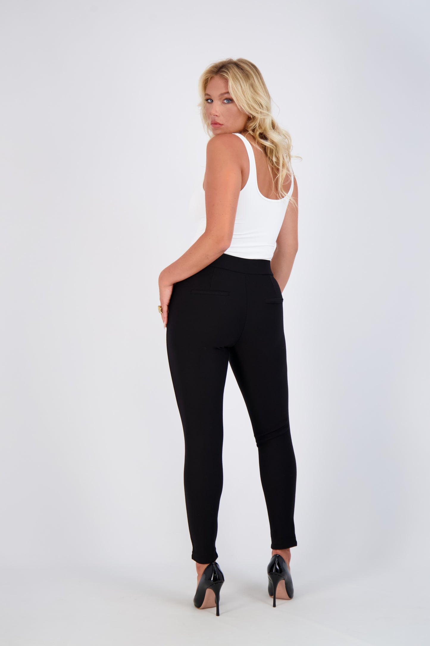 High-Waist Slim-Fit Pants with Button Detail