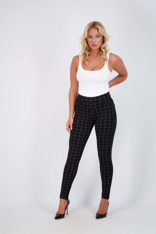 High-Waist Slim-Fit Windowpane Check Pants