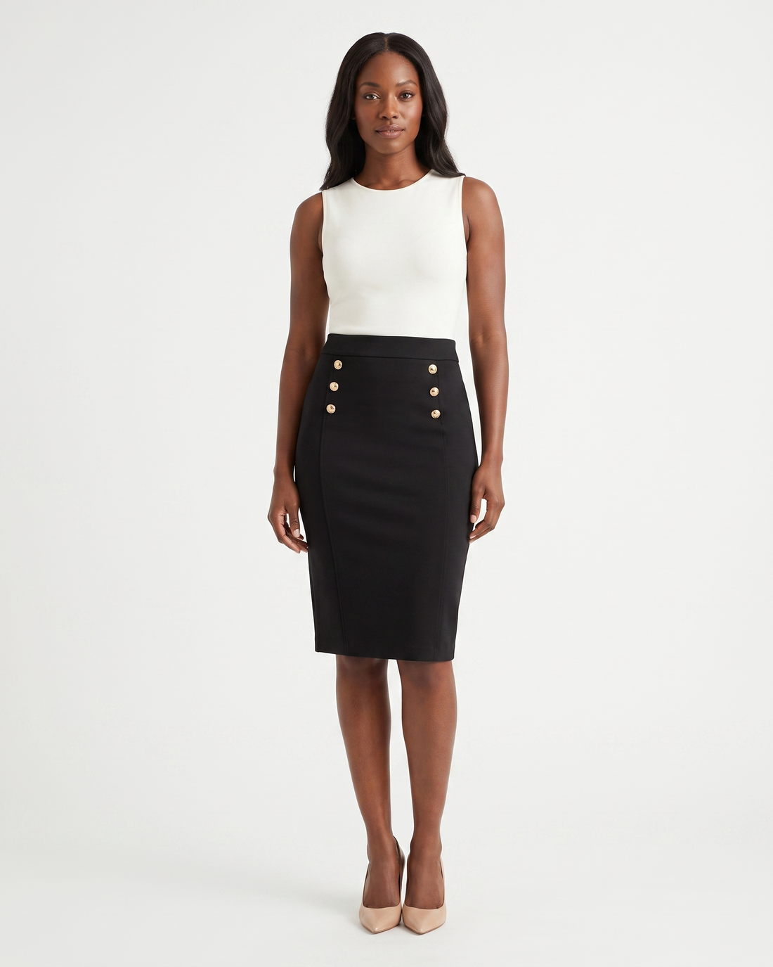 Sailor-Button Scuba Skirt w/ Pockets